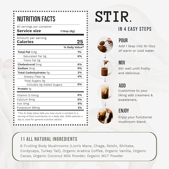 STIR Premium Instant Mushroom Coffee | Lion’s Mane Chaga Reishi Cordyceps Shiitake Turkey Tail | Organic Cacao Vanilla Coconut MCTs | Focus Energy Digestion Support | 30 Servings
