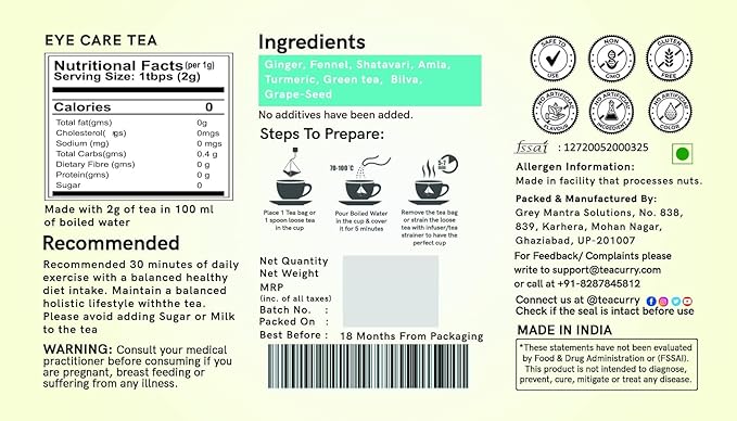 TEACURRY Eye Care Tea (30 Tea Bags Pack of 1 Month) - Helps to Eye Wellness Improve Vision and Promotes Relaxation