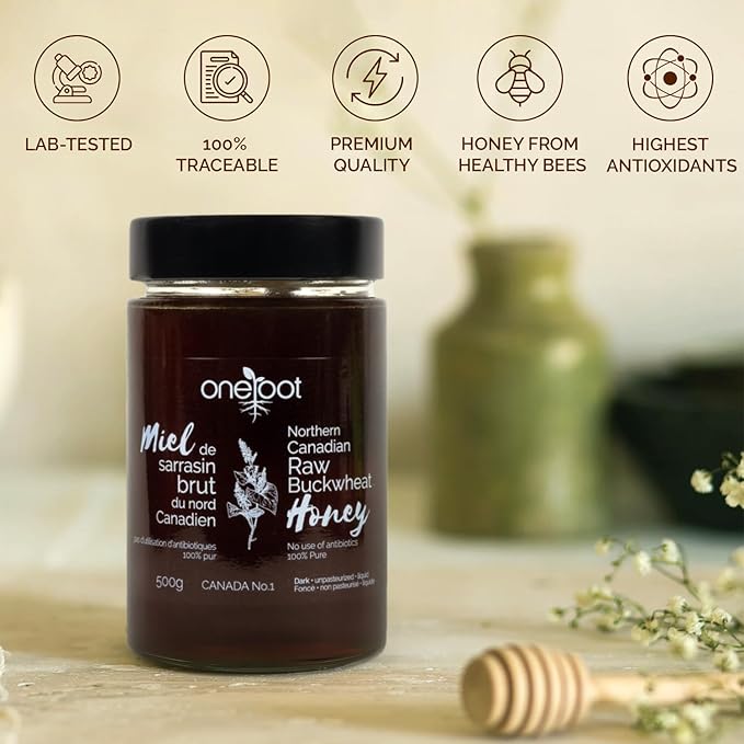 OneRoot Raw Honey Bundle – 500g Buckwheat &amp 1.1 lbs Canadian Wildflower Honey – Unheated &amp Nutrient-Rich – Antioxidant-Packed Natural Sweeteners