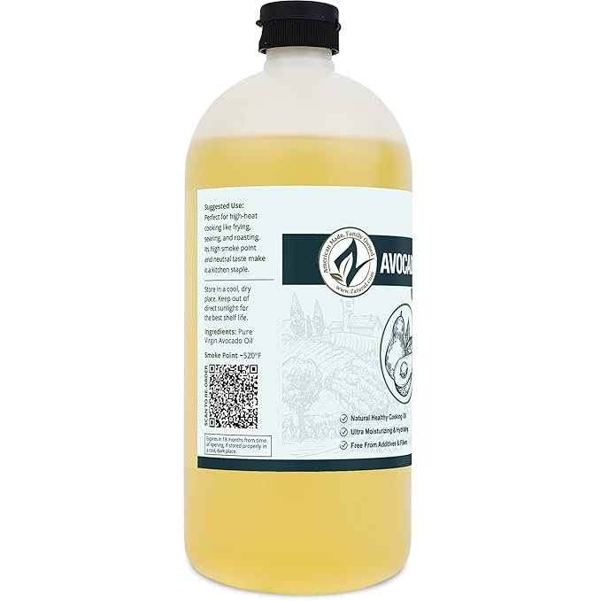 Zatural 100% Avocado Oil Pure Natural without Additives Clean Cold Pressed Non-GMO Vegan: For Cooking Frying Baking and for Sauces Dressings Marinades Salads (32 Ounce)