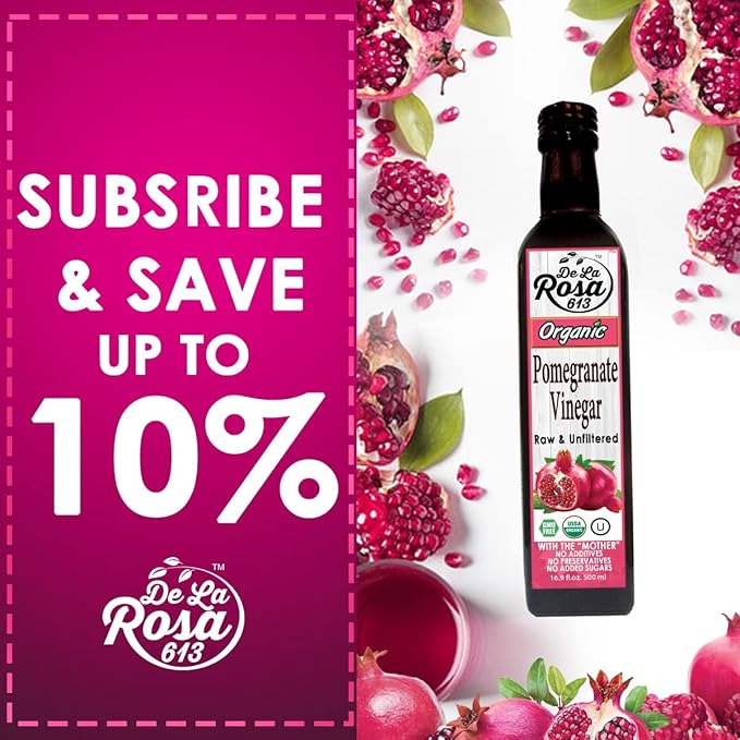 De La Rosa Organic Pomegranate Vinegar Pure &amp Unfiltered Vegan Gluten Free &amp Kosher Great for Salad Dressing Marinades 100% Pure Pomegranate Vinegar 16.9 Oz (pack of 2)