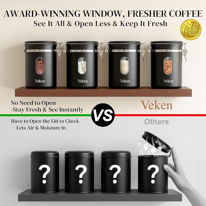 Veken Large Coffee Canister with Window Kitchen Food Storage Airtight Stainless Steel Container for 2.2lbs Coffee Beans Grounds RiceTea Flour Cereal Sugar JarsDate Tracker and Scoop 39ozBlack