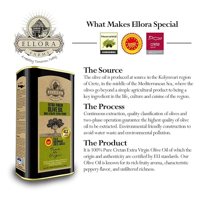 Ellora Farms Olive Oil Extra Virgin Traceable &amp Certified PDO Polyphenol Rich Extra Virgin Olive Oil Cold Pressed Global Gold Awards Kosher Single Origin from Crete Greece 33.8 Fl oz Pack of