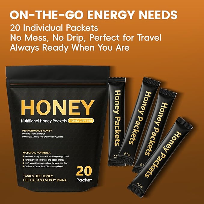 Nutrition Honey Packets Organic Honey Energy Packets with Green Tea Caffeine Himalayan Salt and Lion's Mane Mushroom Workout Gels for Exercise Running &amp Hiking 20 Pack