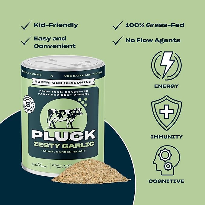 Pluck Zesty Garlic Organ Meat Blend Seasoning | From Grass-Fed &amp Grass-Finished Pastured Beef Organs with Redmond Real Sea Salt | As Seen on ABC’s Shark Tank | 176 Servings