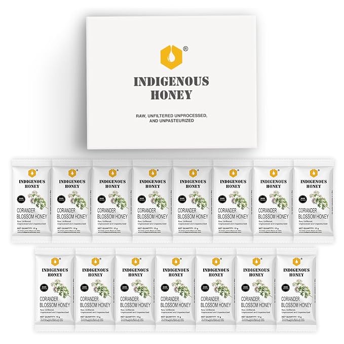 INDIGENOUS HONEY Organic Coriander Honey Natural Raw Pure Unprocessed Added Sugar Free NMR Tested Unpasteurized Unheated 15 Gift Sachets 15g Each Total 225g