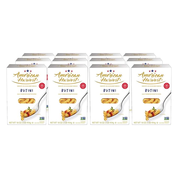 AMERICAN HARVEST Rotini Pasta Enriched Durum Wheat 16 oz (12 Pack) | Made in America Non-GMO Fast-Cook Pantry Staple | 100 Years of Pasta-Making Expertise