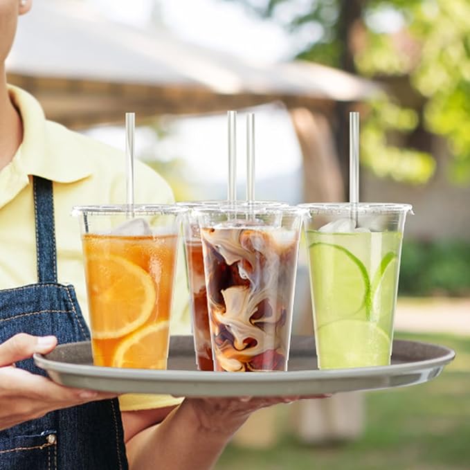 100 Pack - 24 oz Clear Plastic Cups with Lids and Straws Sturdy &amp Food Safe Iced Coffee Cups with lids Disposable Plastic Smoothie Cups for Cold Drinks