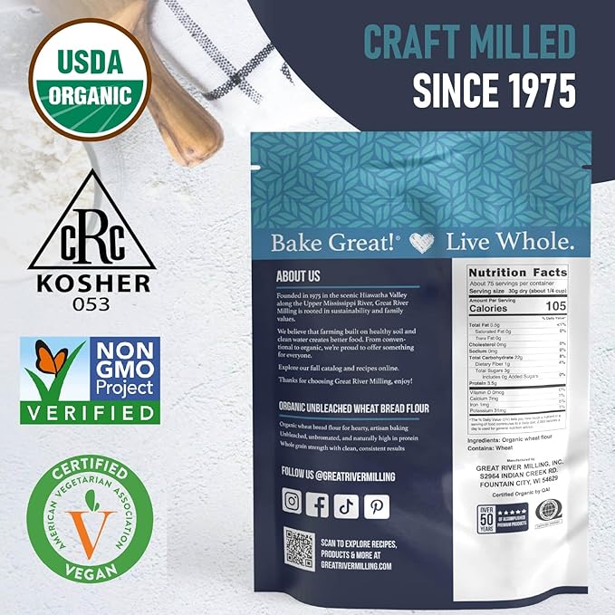 Great River Milling Organic Unbleached Wheat Bread Flour | Artisan Bread Flour for Baking | Multi-Purpose Wheat Unbromated Non-GMO Kosher | 5 Lb