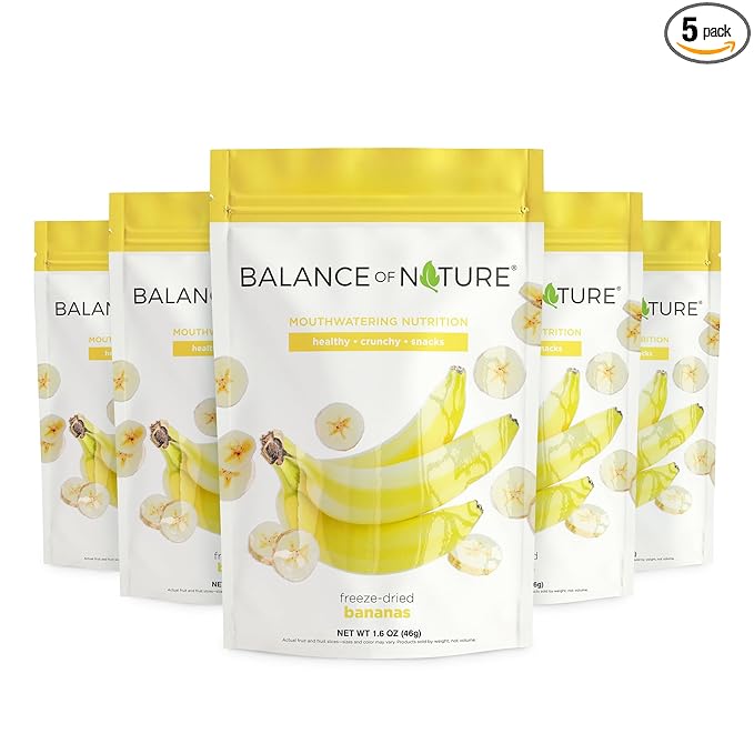 Balance of Nature Freeze-Dried Bananas (5 Pack) – 100% Real Fruit Crunchy Banana Slices Healthy Snack Mouthwatering Nutrition Gluten-Free Vegan No Sugar Added Five 1.6 oz Bags