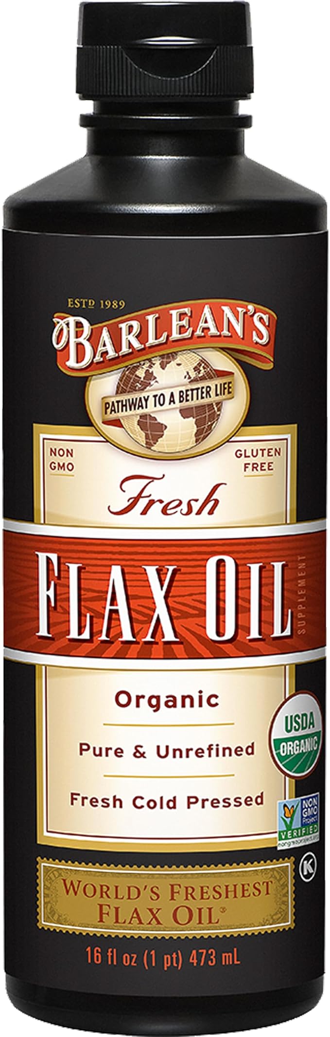 Barlean's Organic Flaxseed Oil Liquid from Fresh Cold Pressed Flax Seeds 7640mg ALA Omega 3 Fatty Acid Supplement for Healthy Hair and Skin Vegan and Gluten Free 16 oz