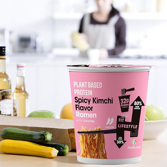 Hethstia Protein Ramen Spicy Kimchi Flavor 6-Pack Instant Healthy Noodle Soup Cups 32g Plant Protein Vegan Pre-Packaged Ramen Meal Low Fat Non-GMO Non-Fried Air-Dried Healthy Noodle Broth