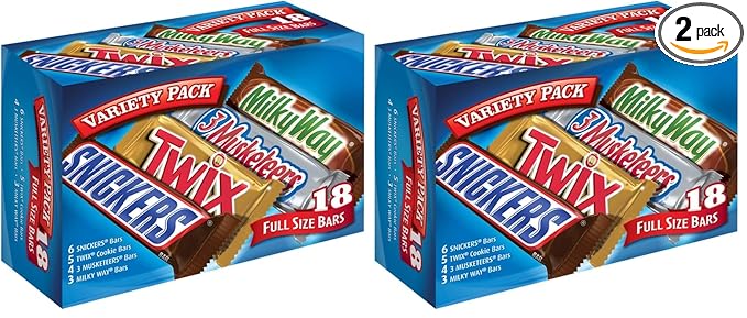 SNICKERS TWIX MILKY WAY &amp 3 MUSKETEERS Individually Wrapped Variety Pack Full Size Milk Chocolate Candy Bars Bulk Assortment 33.31 oz 18 Bars (Pack of 2)