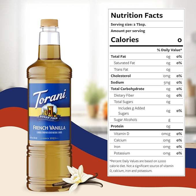 Torani Sugar Free French Vanilla Syrup 1 Liter Bottle with Pump Dispenser – Zero Calorie Flavored Coffee Syrup for Lattes Cold Brews Teas Cocktails &amp Desserts – Keto Friendly