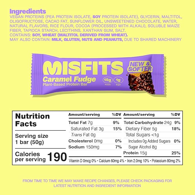 Misfits Vegan Protein Bars Caramel Fudge - Updated Recipe | Plant Based Low Sugar &amp Carb High Fiber Snacks | Pack of 15