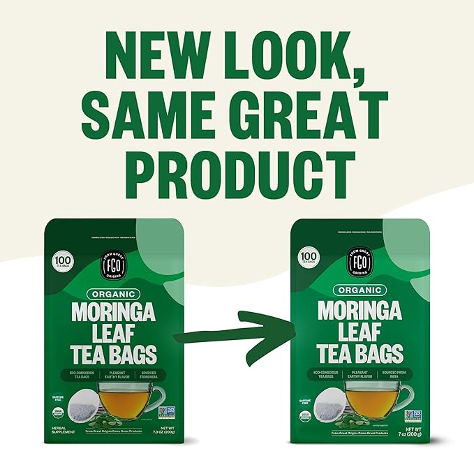 FGO Organic Moringa Mint Tea 100 Count Eco-Conscious Herbal Tea Bags Resealable Bag Caffeine Free Packaging May Vary (Pack of 1)