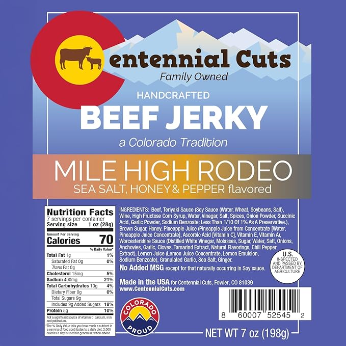 Centennial Cuts Beef Jerky – Mile High Rodeo – High Protein Sea Salt Honey &amp Pepper Flavor – 7 oz Snack