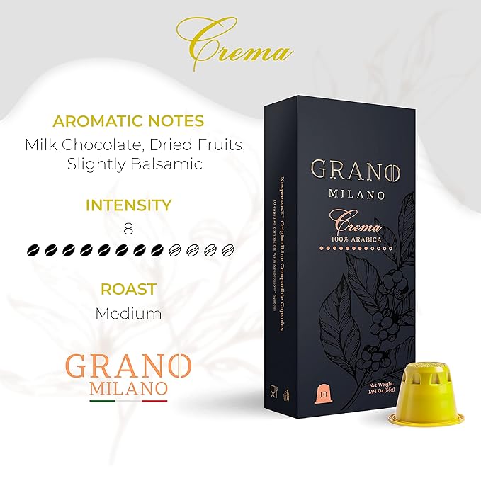 Grano Milano Crema - 50 Espresso Pods Compatible with Nespresso Original line 100% Arabica Medium Roast - Intensity 8/12 Espresso Coffee Capsules Made in Italy