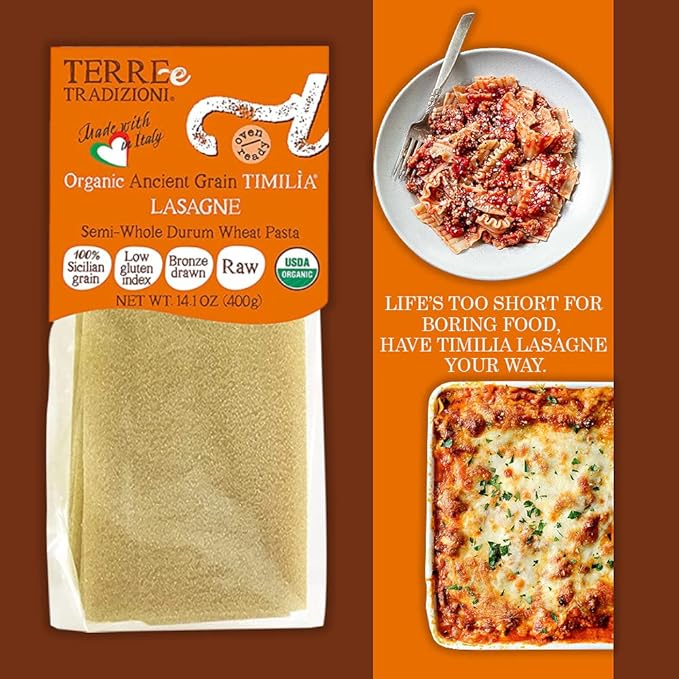 TERRE E TRADIZIONI 6 PACKS ORGANIC ITALIAN SEMI WHOLE DURUM LASAGNA PASTA – Sicilian Ancient Grain Timilia Vegan Crafted in Italy. LOW-GLUTEN INDEX. Has 6X More Fiber and Protein than Popular Grains