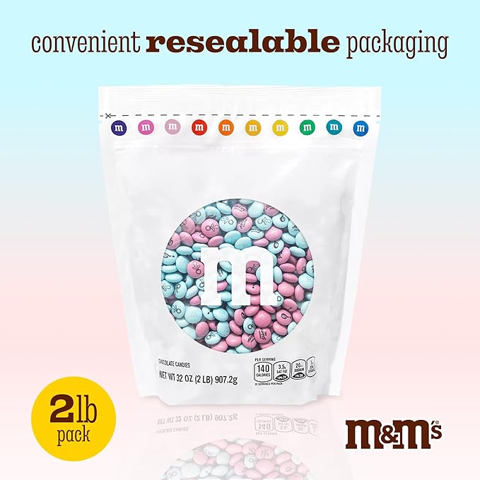 M&ampM'S World Gender Reveal Milk Chocolate Candy 2lb Bag with Light Blue and Pink M&ampM'S for Baby Showers Gender Reveal Parties and New Baby Favors