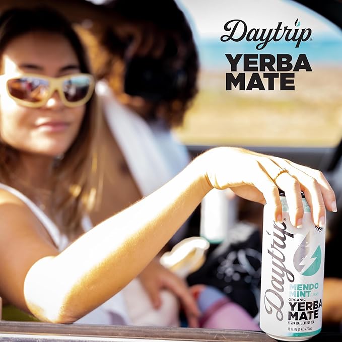 Daytrip Organic Yerba Mate Energy Drink- Clean Plant Based Caffeine (200mg) with Adaptogenic Mushrooms and Green Tea for Focus and Brain Fog - Low Calorie Low Sugar (12 Pack Case)