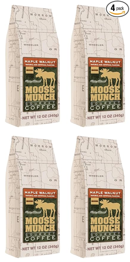 Moose Munch Maple Walnut Ground Coffee – 4 Pack 12 oz Bags – Sweet Maple Flavor with Nutty Walnut Flavored Medium Roast Coffee