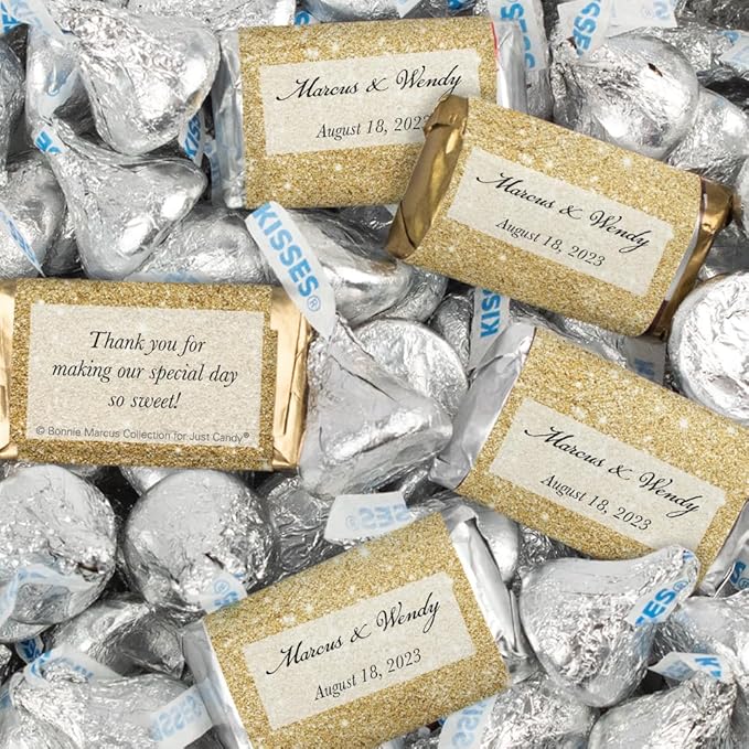 128 Pcs Personalized Wedding Candy Party Favors Wrapped Miniatures and Kisses (1.58 lbs) - Shimmering Gold