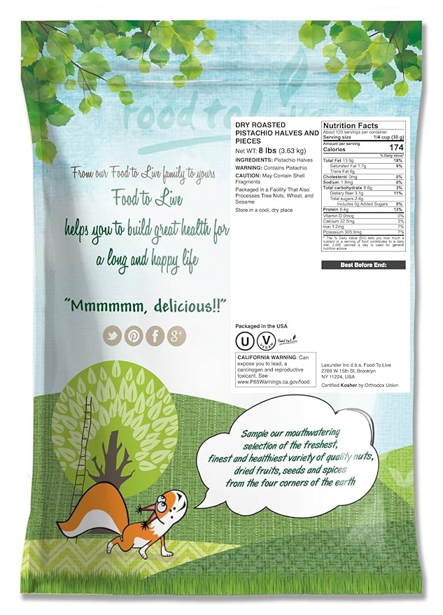 Dry Roasted Pistachio Halves and Pieces 8 Pounds – Unsalted. No Shell. Keto and Paleo Friendly Snack. Great for Salads Cooking Baking. Packed with Protein Fiber Healthy Fats. Kosher. Vegan. Nuts
