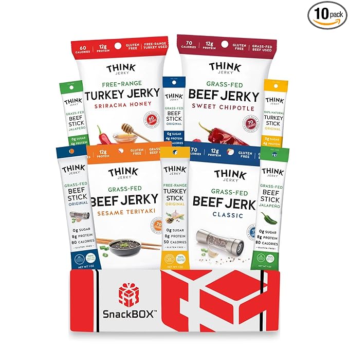 Think Jerky Grass Fed Beef Free Range Turkey Jalapeno Chipotle Sriracha Variety Pack | Snack BOX Care Package (10 Count) | Fathers Day Holiday Birthday Student Teachers Back to School College Gif