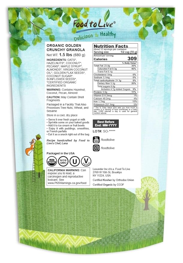 Food to Live Organic Golden Crunchy Granola 1.5 Pounds - Small Batch Handcrafted Bulk Great as Snack for Breakfast Cereals Contains Hazelnuts Pecan Nuts Almonds Coconut Flax Sunflower Seeds