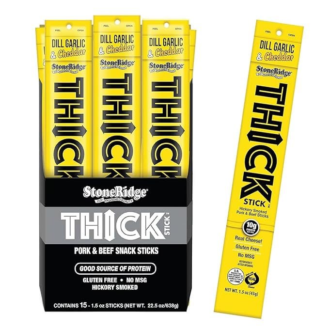 THICK STICK - STONERIDGE OLD-FASHIONED QUALITY DILL GARLIC &amp CHEDDAR - Hickory Smoked Pork and Beef Snack Sticks Gluten Free No MSG 15 Count THICK 1.5 oz Sticks High Protein Soy Free 15 Cou