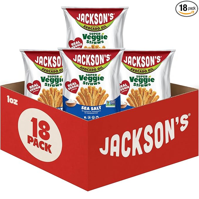 Jackson’s Super Veggie Straws™ (Sea Salt 1 oz Pack of 18) – Gluten Free Vegan Snacks for Kids &amp Adults – Made with Premium Avocado Oil – Allergen-friendly Veggie Straws Individual Bags