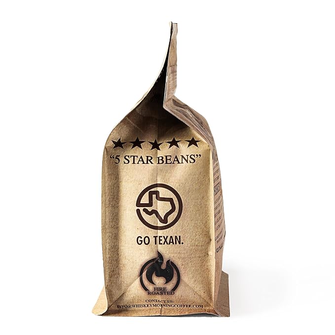 Whiskey Morning Coffee Bourbon Barrel Aged Whole Bean Fire Roasted Coffee Beans 100% Arabica Specialty Grade Non-Alcoholic Whiskey Infused Coffee Beans Small Batch Texas Roasted 10 oz Bag