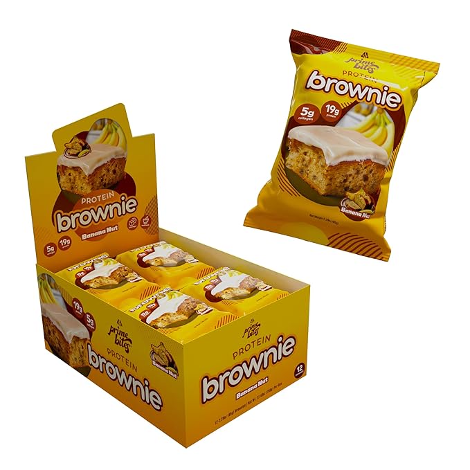 Prime Bites High Protein Brownie (12 Per Box Banana Nut) - 19g of Protein 5g of Collagen Gluten Free Low Sugar Treat Delicious Protein Snack