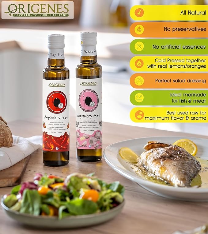 Pack of 2 Extra Virgin Flavored Olive Oil 1 Bottle Garlic 1 Bottle Chili Infused EVOO Cold Pressed Polyphenol Rich EVOO Intense Flavor Olive Oil Extra Virgin from Laconia 2X250ml
