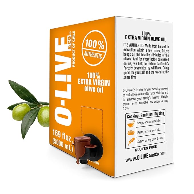 O-Live &amp Co. Extra Virgin Olive Oil - Bag-in-Box - 5L 169FlOz -Bulk - First Cold Pressed - Estate Grown and Bottled - Perfect for Salad Dressings Marinades Sauteing Stir Frying &amp Baking -