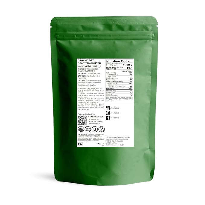 Food to Live Organic Dry Roasted Almonds 4 Pounds – Non-GMO Unsalted Vegan Keto Paleo Kosher Bulk High in Protein Dietary Fiber Vitamin E Copper Manganese Magnesium and Riboflavin.