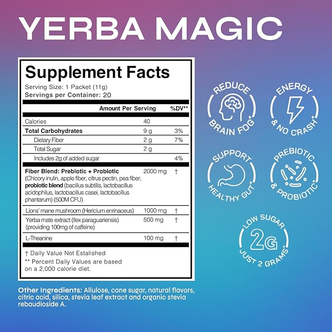 Yerba Magic Yerba Mate Powder Packets - Instant Clean Energy &amp Focus Drink Mix for Gut Health - Nootropic Blend with Lion’s Mane L-Theanine Prebiotics &amp Probiotics - Low Sugar Natural Caffei
