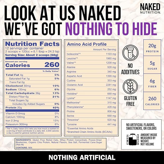 Naked Oats - Blueberry Cobbler Overnight Oats 20g Grass-Fed Protein Gluten-Free Oatmeal Instant Breakfast or Shake High Protein Oatmeal High Fiber Breakfast Shake Non GMO No Soy - 12 Servings