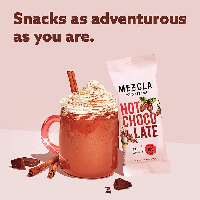 Mezcla Puff-Crispy Plant Based Protein Bars - Hot Chocolate - Healthy Snacks for Kids &amp Adults - Granola Bars for School Travel &amp Office Snacks - Gluten Free Vegan Non GMO 10g Protein - 1