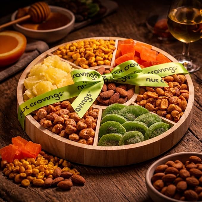 NUT CRAVINGS - Easter Dried Fruit &amp Mixed Nuts Gift Basket in Reusable Round Wooden Tray + Ribbon (7 Assortments) Ramadan Gifts Saint Patricks Day Food Arrangement Healthy Snack Care Package Ko