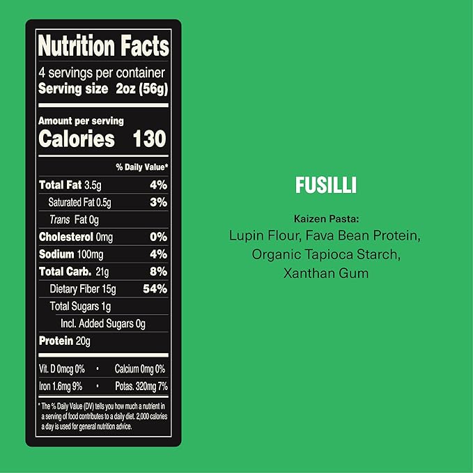 Kaizen Low Carb Keto Pasta Fusilli - High Protein (20g) Gluten-Free Keto-Friendly (6g Net) Plant-Based Lupini Noodles made w/High Fiber Lupin Flour - 8 ounces (Pack of 3)