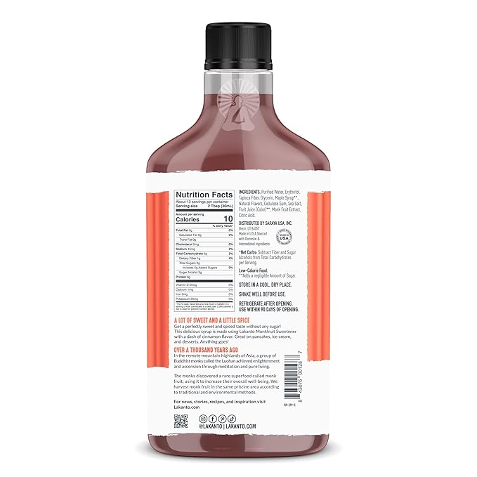 Lakanto Sugar Free Cinnamon Maple Syrup - Monk Fruit Sweetener Keto Diet Friendly Vegan 2g Net Carbs Pancakes Waffles Oatmeal Coffee Tea Granola Frosting Marinade (13 Fl Oz - Pack of 1)
