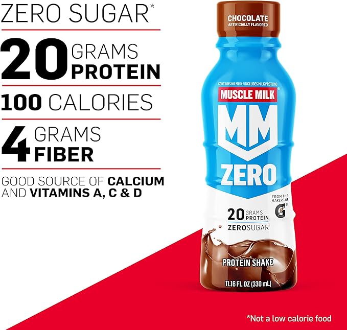 Muscle Milk Zero Protein Shake Vanilla Crème 20g Protein Zero Sugar 100 Calories (Pack of 12) &amp Genuine Protein Shake Vanilla Creme 11.16 Fl Oz Bottle 12 Pack 25g Protein