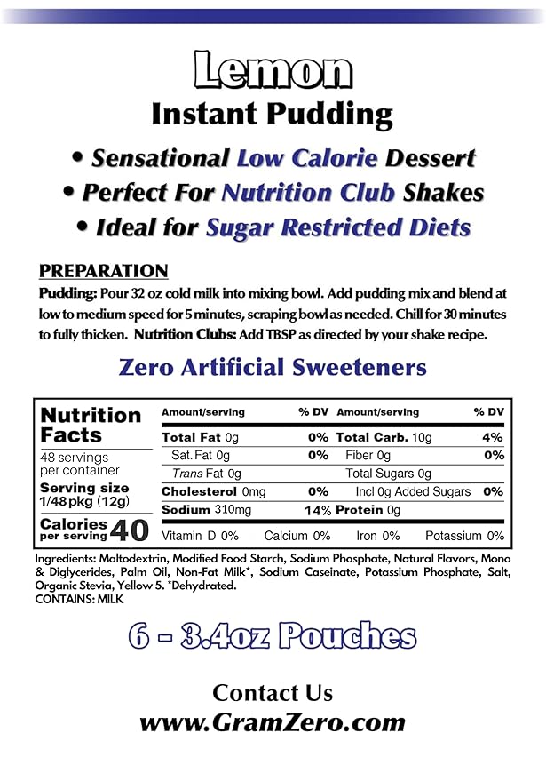 GramZero Lemon Sugar Free Pudding Mix 6-Pack Great For Nutrition Club Meal Replacement Shakes Low Calorie Dessert Stevia Sweetened