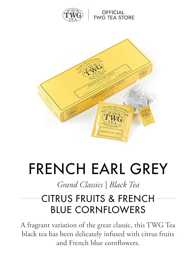 TWG Tea | French Earl Grey | Black Tea | Citrus Fruits &amp Blue Cornflowers | 15 Hand Sewn Cotton Tea Bags | Gift Set