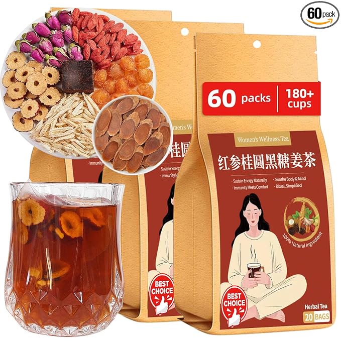 Baihuatang Brown Sugar Red Ginseng Ginger Tea 60 Bags (21oz) with Red GinsengLongan black sugar red dates goji berries rose flowers gingerCaffeine Free Warm Beverage