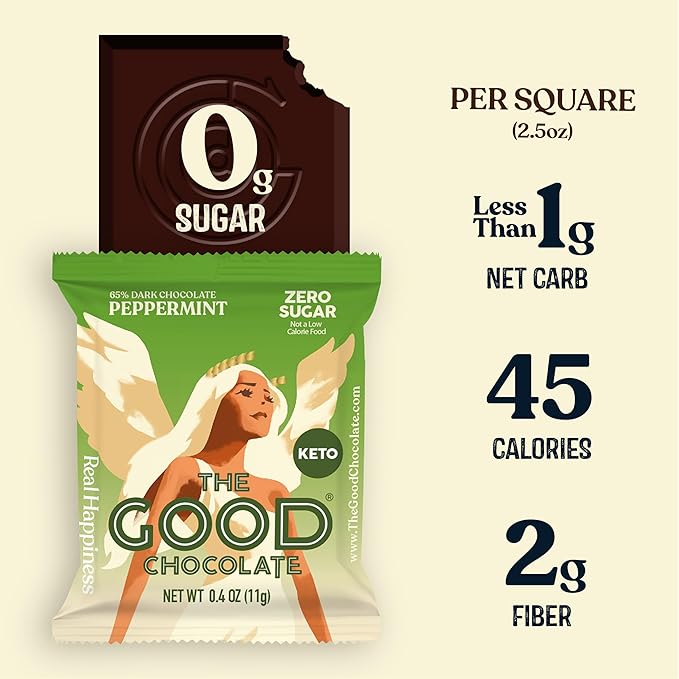 The Good Chocolate - Keto Mint Chocolate Squares Zero Sugar Lower Net Carb Snack Lower Calorie Vegan Chocolate Candy 24 Square Family Packs
