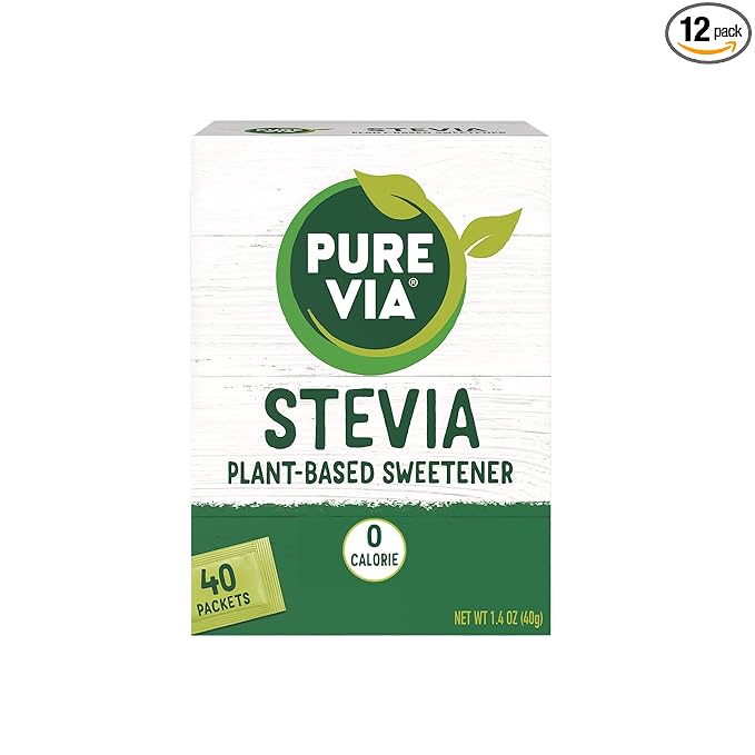 PURE VIA Stevia Sweetener Packets Sugar Substitute Natural Sweetener No Erythritol Zero Calorie Natural Sweetener Packets 40 Count (Pack of 12)