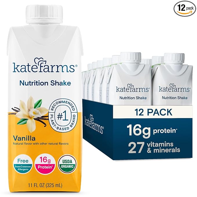 KATE FARMS Organic Nutrition Shake Vanilla 16g Protein 27 Vitamins and Minerals Protein Meal Replacement Drink &amp Shake 11 oz (12 Pack)